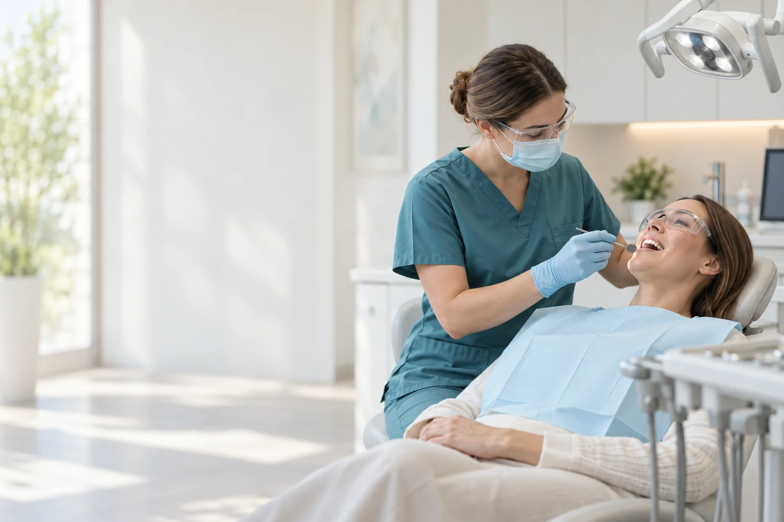 AI-created illustrative dental appointment with fictional people and facility; not our doctors, patients or office